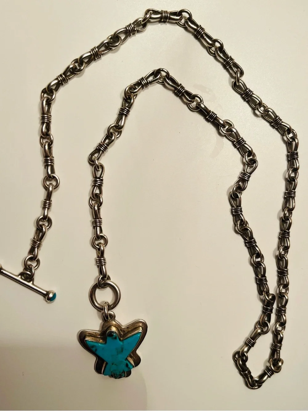 Southwest Navajo style turquoise bird pendant and Sterling Silver chain necklace